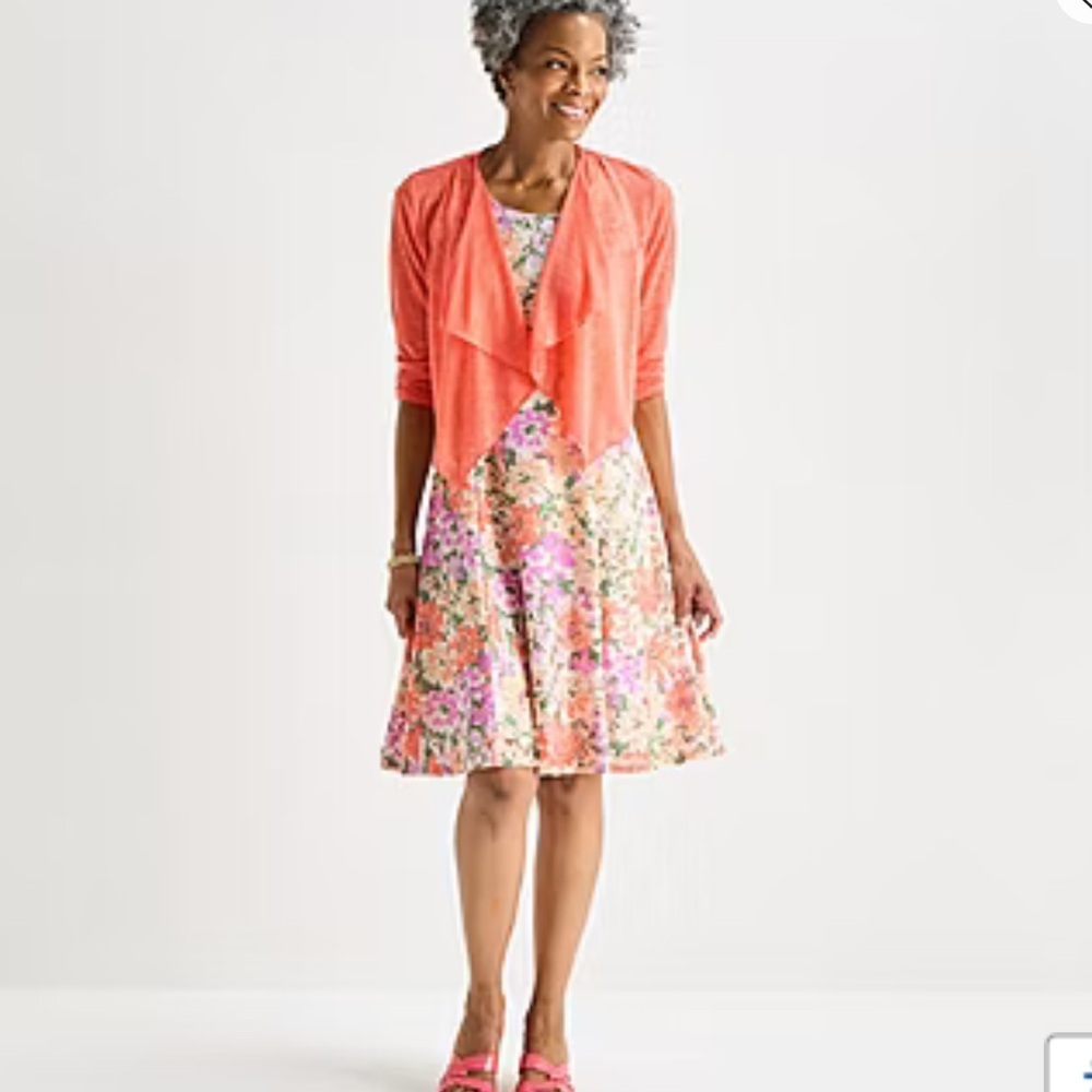 2 pc Perceptions Floral Coral A-Line Midi Dress & Cardigan set Sz L NWT